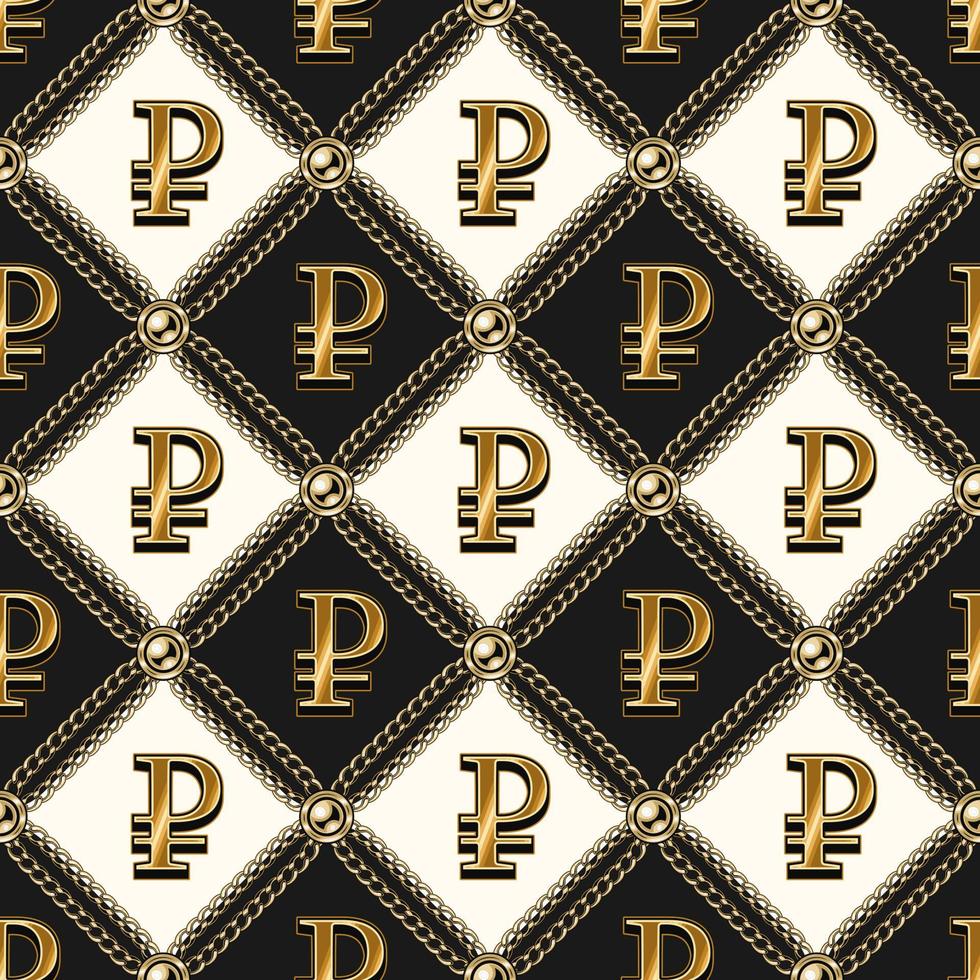 Checkered classic vintage black and white pattern with shiny gold ruble sign, gold chains, beads. Classic vector seamless background.