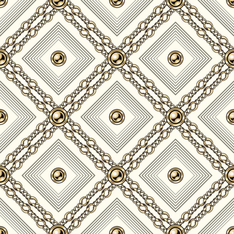 Vintage white, beige pattern with gold figaro chains, golden beads, outline squares. Classic vector seamless background.