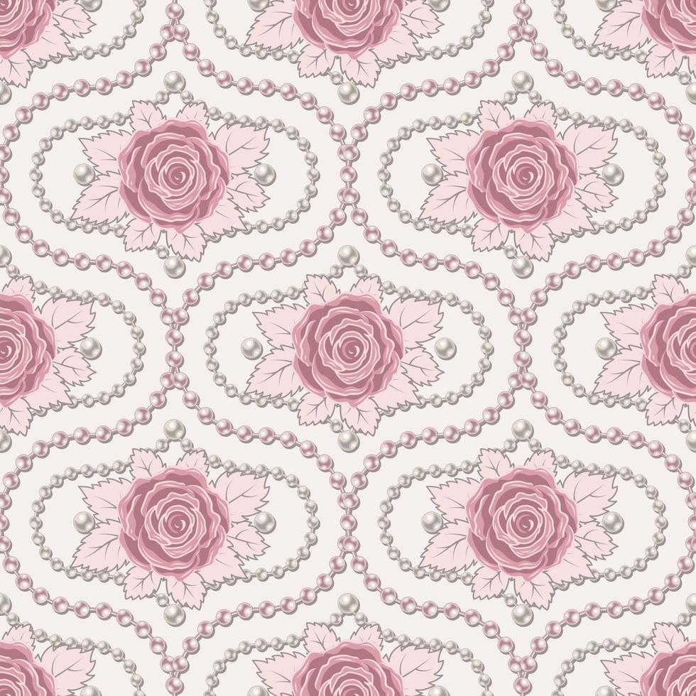 Seamless vintage damask pattern with with pale pink vintage roses, leaves, pearl strings, pearls beads. Classic background. Vector delicate illustration. Wedding, romantic decoration.