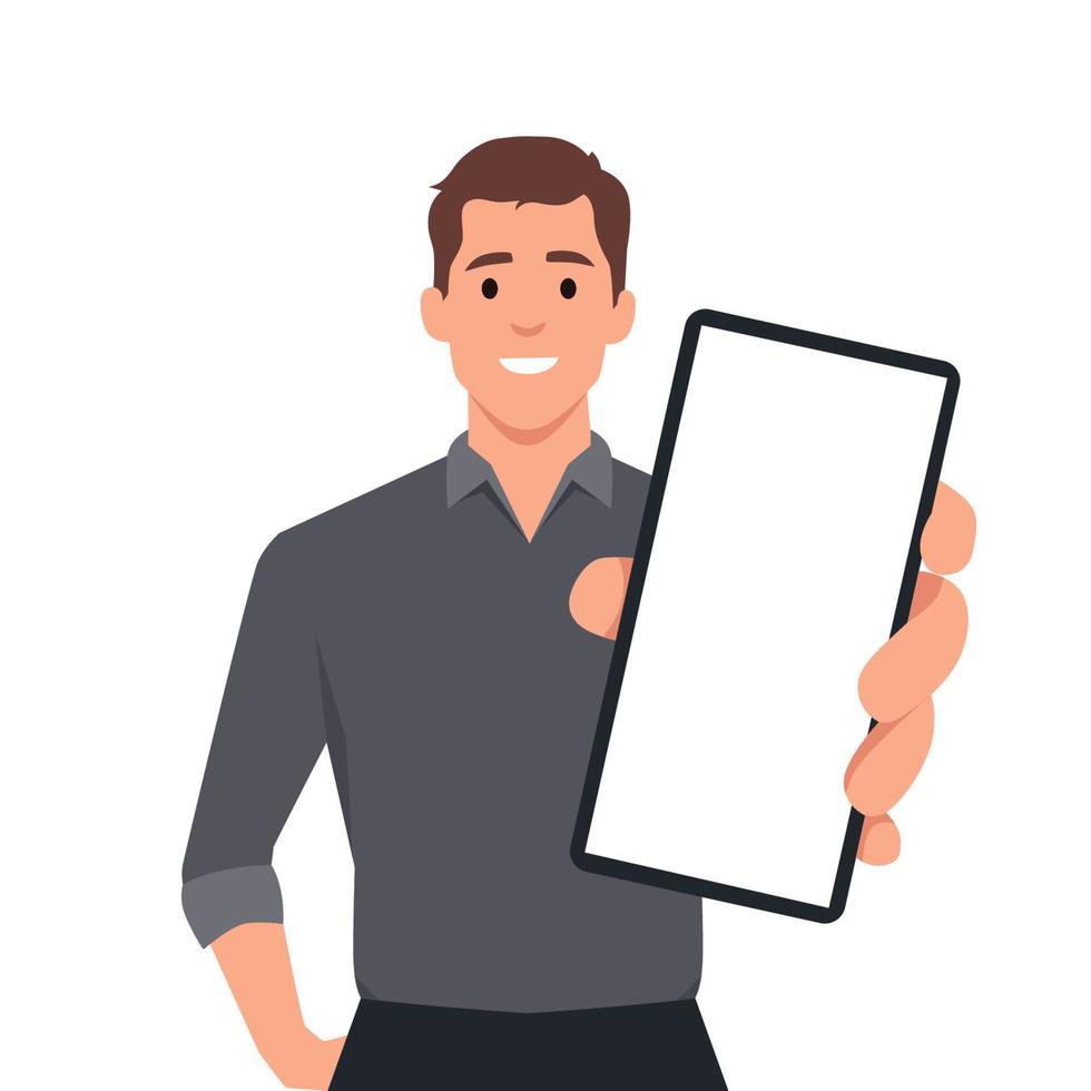 worker or business man showing smartphone, man holding smartphone close up vector