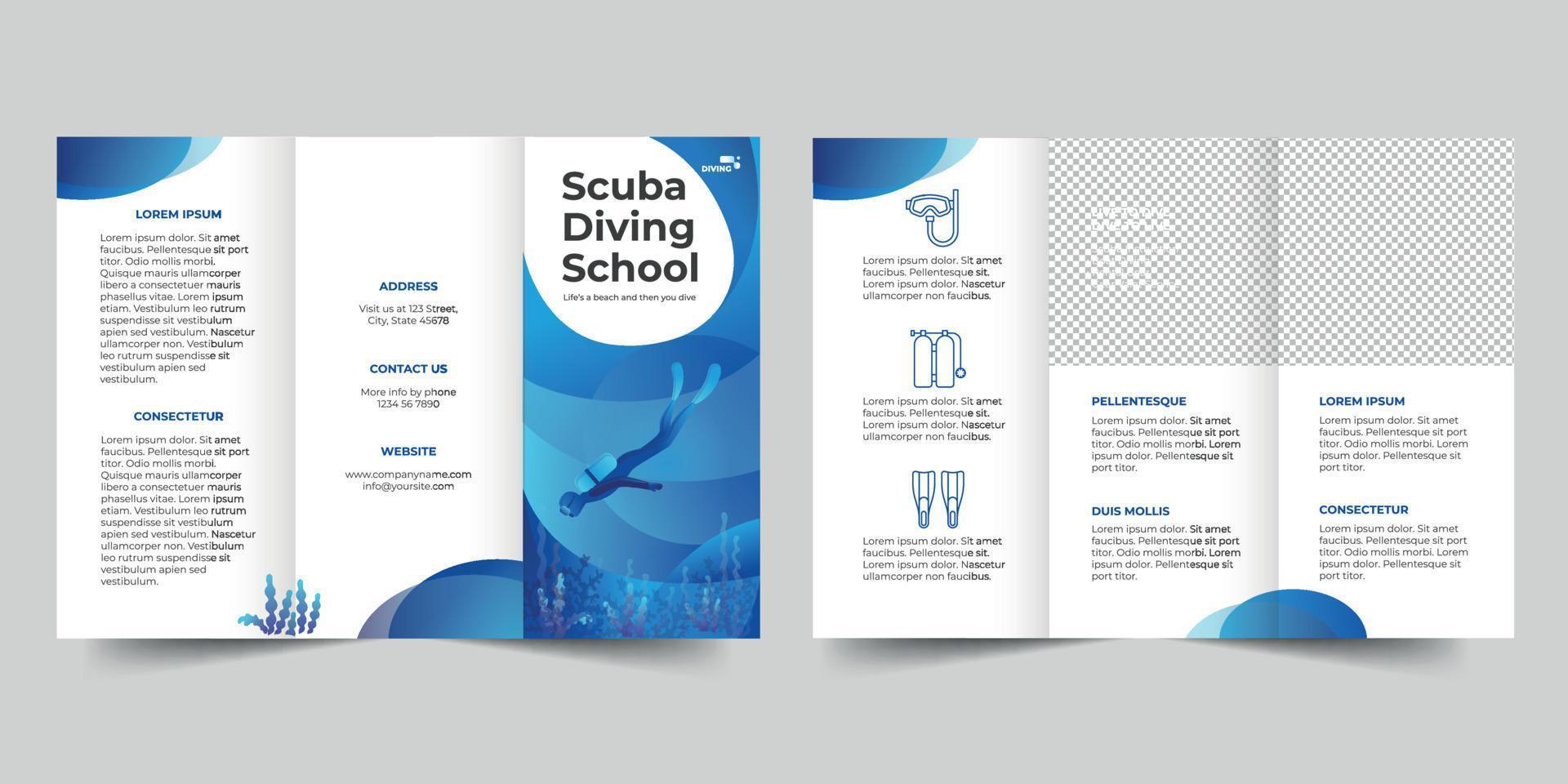 Scuba Diving School trifold brochure template, Trifold Brochure Accountancy Firm flyer vector layout Trifold mockup Pro Vector