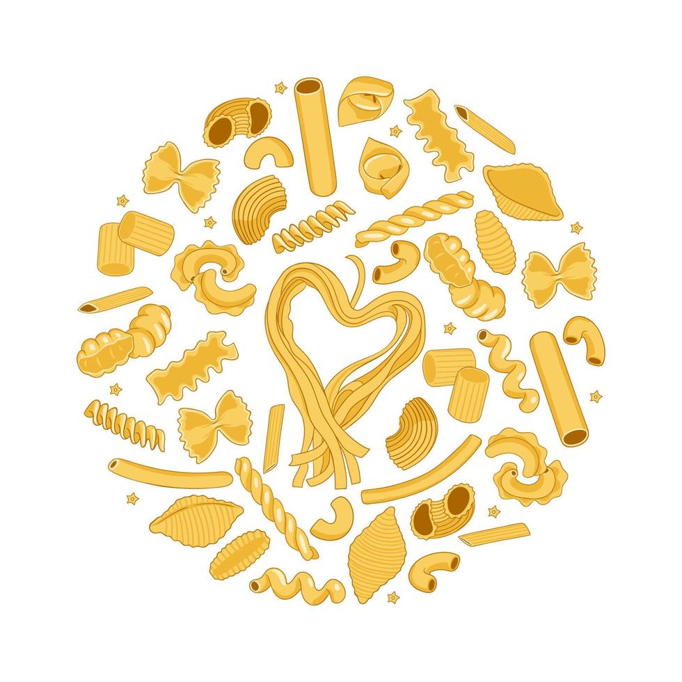 Round composition of pasta of different shapes isolate on a white background. Vector graphics.