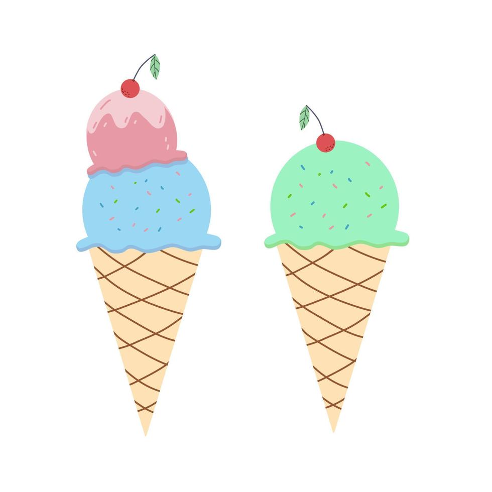 Vector illustration of ice cream in a waffle cone. The illustration is flat. Ice cream in pink and blue, green tones, highlighted on a white background.