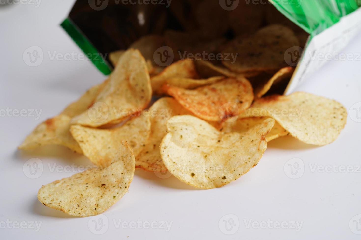 Potato chips in open bag, delicious BBQ seasoning spicy for crips, thin slice deep fried snack fast food in open bag. photo