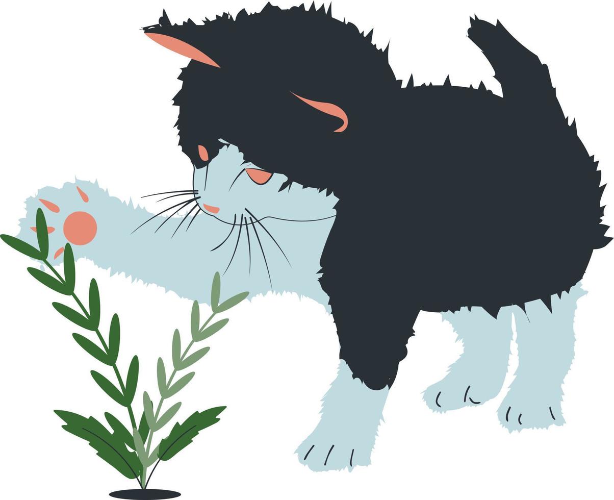 Cat Day Illustration, Cute Cat Having Fun With Plant vector