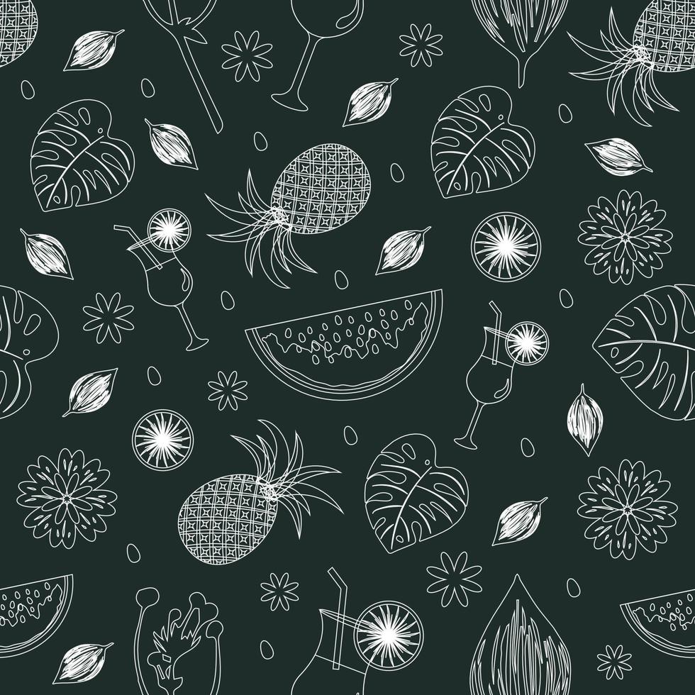 Hello Summer Outlined Seamless Pattern With Fruit, Tropical Leaf and Flowers vector