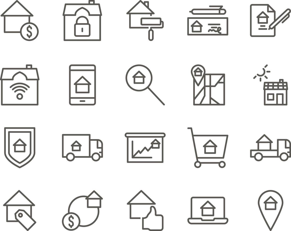 location, house, home set vector icons. Real estate icon set. Simple Set of Real Estate Related Vector Line Icons. Contains such Icons as Map, Plan, Bedrooms on white background