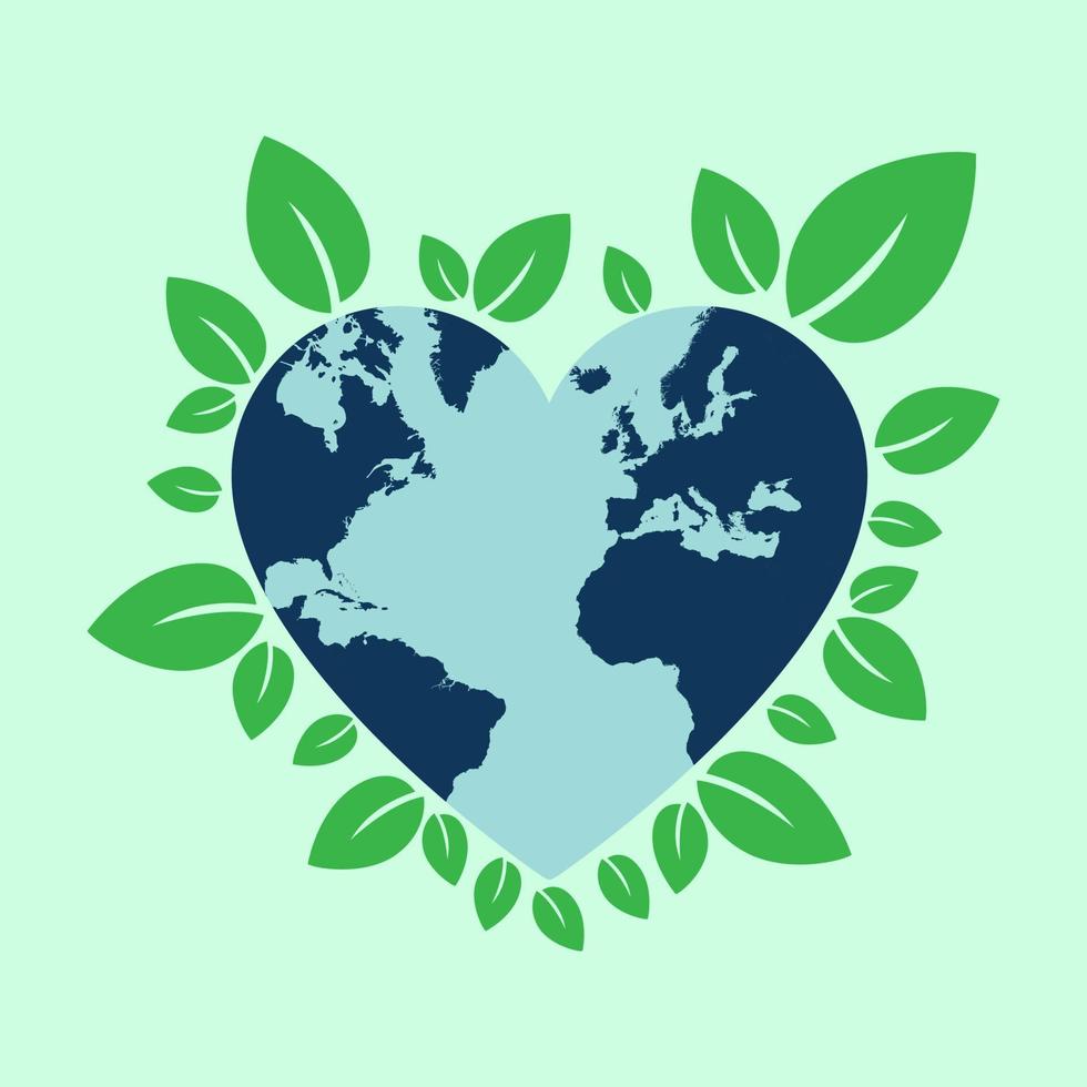 Eco friendly flat icon with green leaves and globe heart. vector