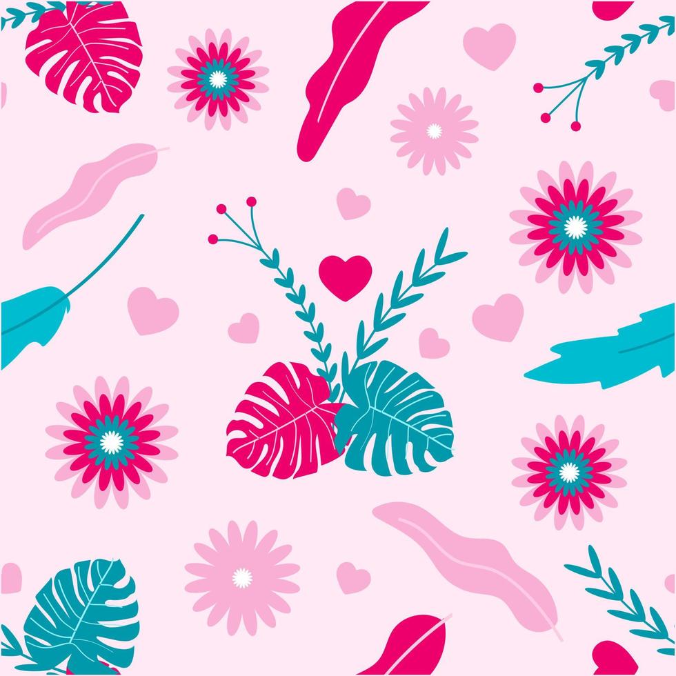 Pastel Tropical Leaves With Hearts and Flower Seamless Pattern vector