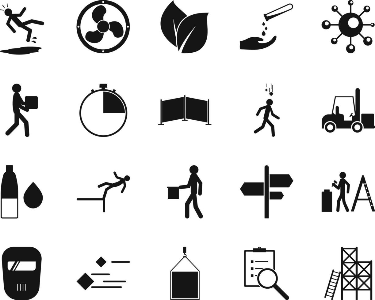 HSE concept, occupational safety and health ladder, scaffold , production factory and environment, labor preventive instructions, worker protection vector icon set on white background