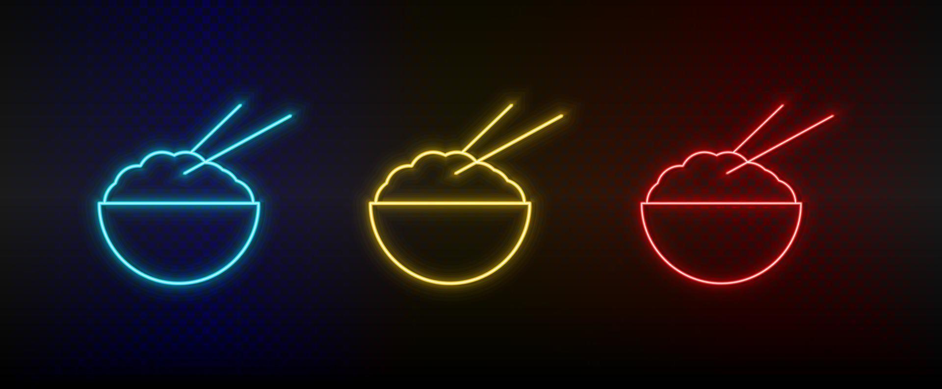 Neon icon set boiled rice. Set of red, blue, yellow neon vector icon on dark background