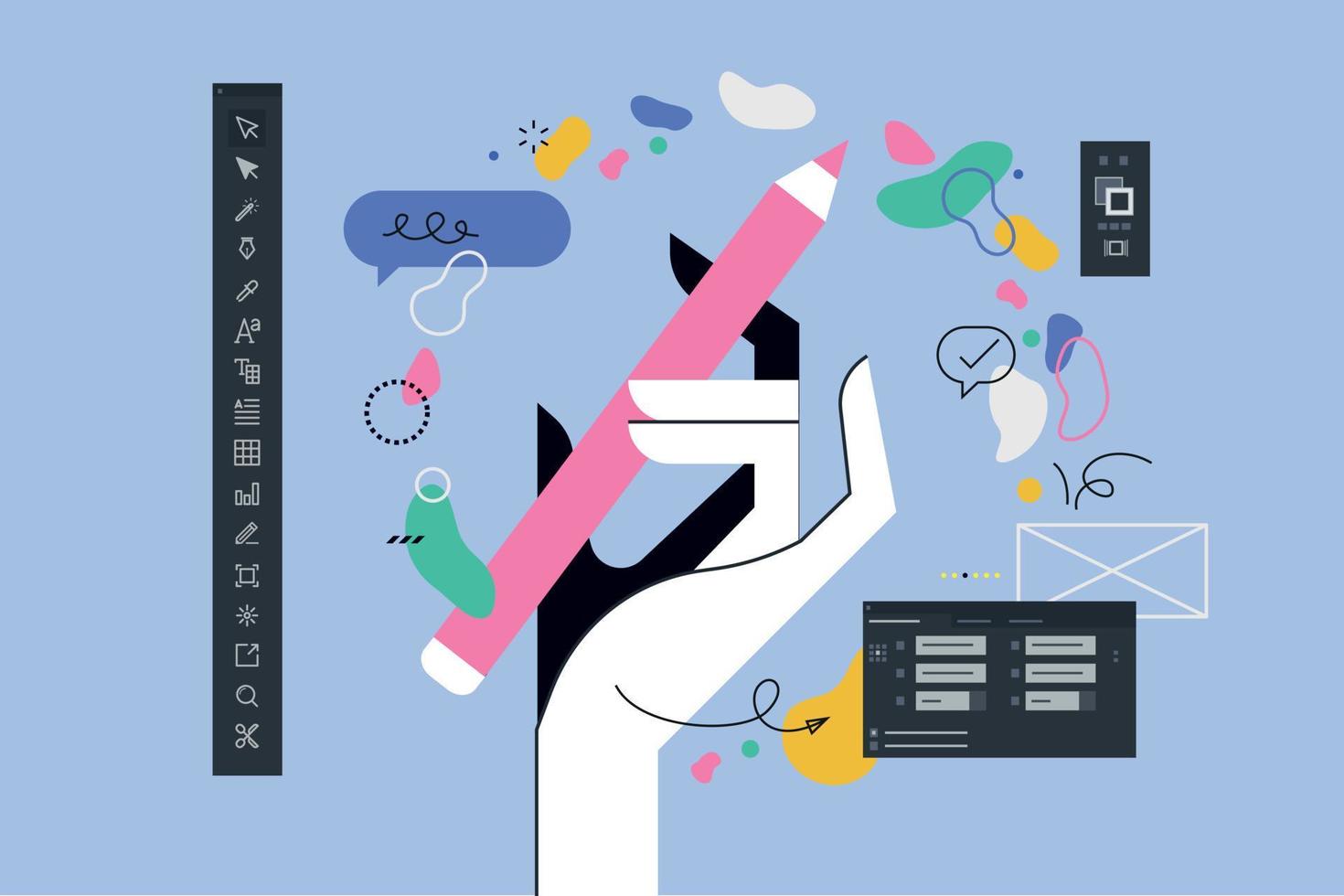 Vector illustration of  graphic design and development, design app, creativity. Creative concept for web banner, social media banner, business presentation, marketing material.
