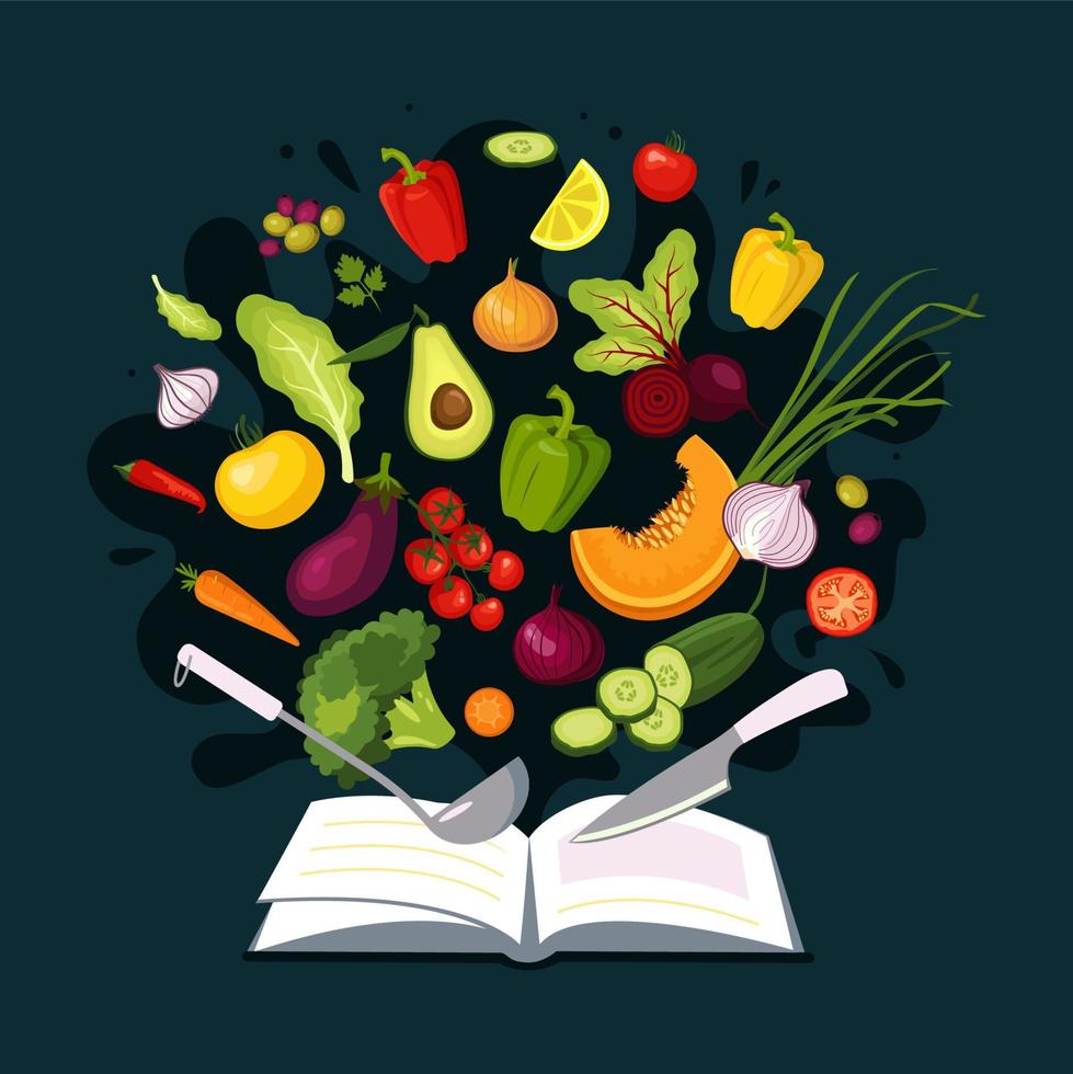 Cookbook surrounded by various vegetables. Vegan food Recipe vector concept isolated from dark background.