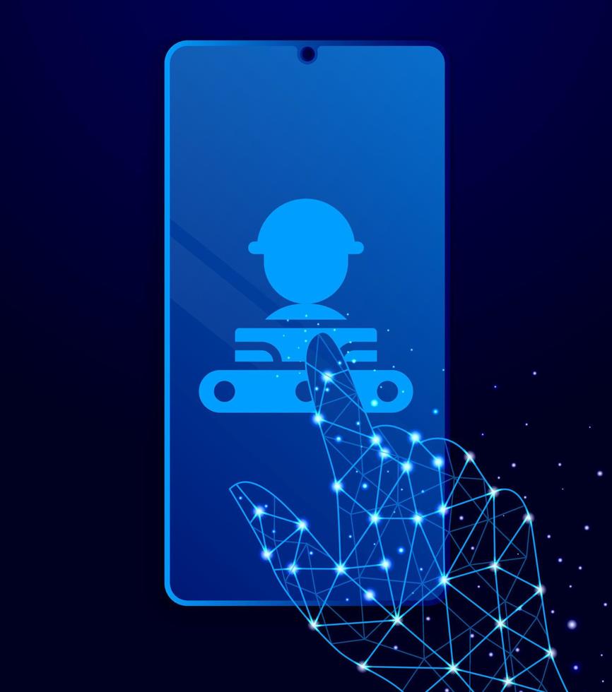 Mass production, conveyor, man touch phone. Polygon style touch phone vector illustration
