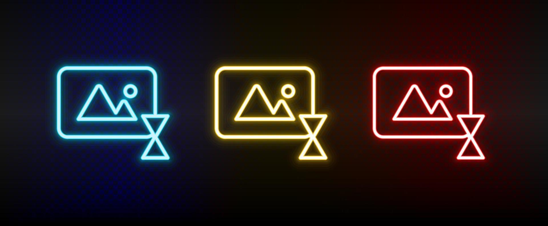 delay, photo, time neon icon set. Set of red, blue, yellow neon vector icon on dark transparent background