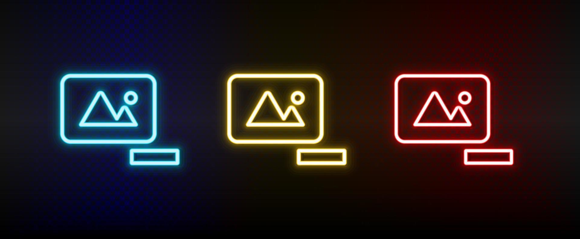 delete, photo neon icon set. Set of red, blue, yellow neon vector icon on dark transparent background