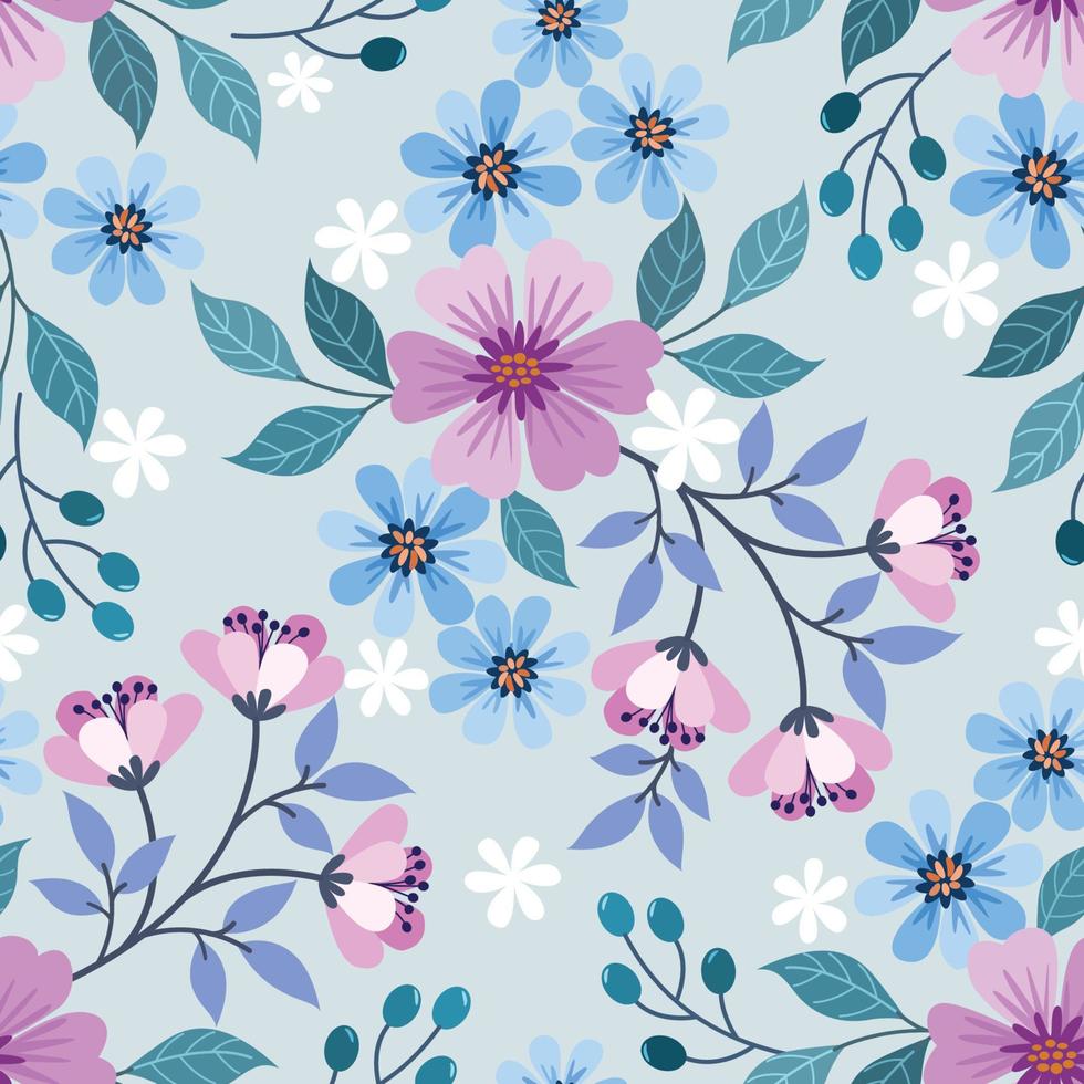 Colorful hand draw cute purple and blue flowers seamless pattern. vector