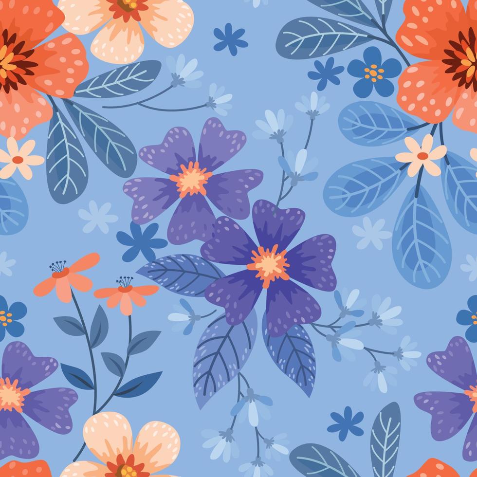 vistoso mano dibujar flores en azul antecedentes sin costura modelo. vector