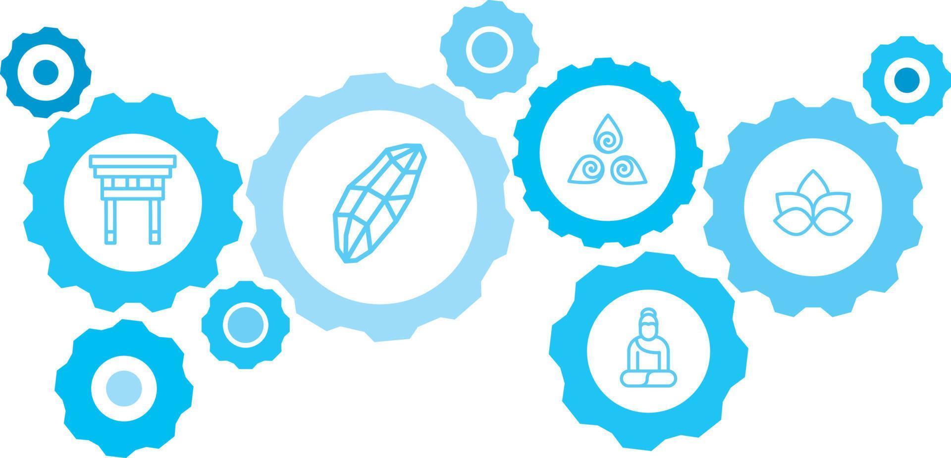 Lotus flower symbol vector icon blue gear set. Abstract background with connected gears and icons for logistic, service, shipping, distribution, transport, market, communicate concepts