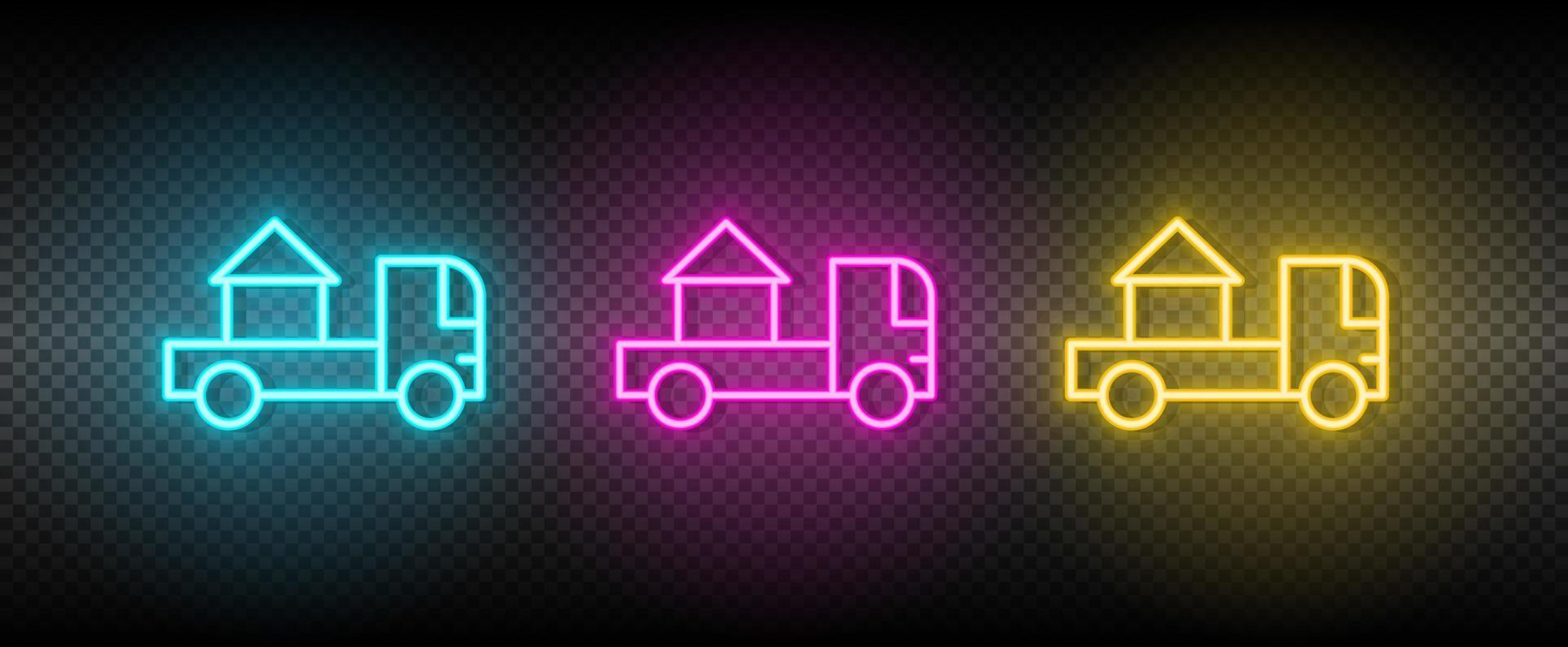 Real estate vector home, moving, relocation. Illustration neon blue, yellow, red icon set