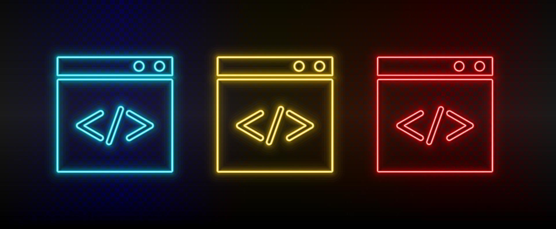 Neon icon set website, internet, browser, code. Set of red, blue, yellow neon vector icon on dark transparent background