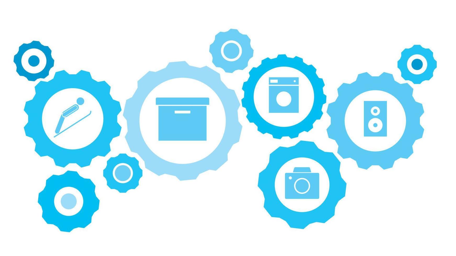 Speaker gear blue icon set. Abstract background with connected gears and icons for logistic, service, shipping, distribution, transport, market, communicate concepts vector