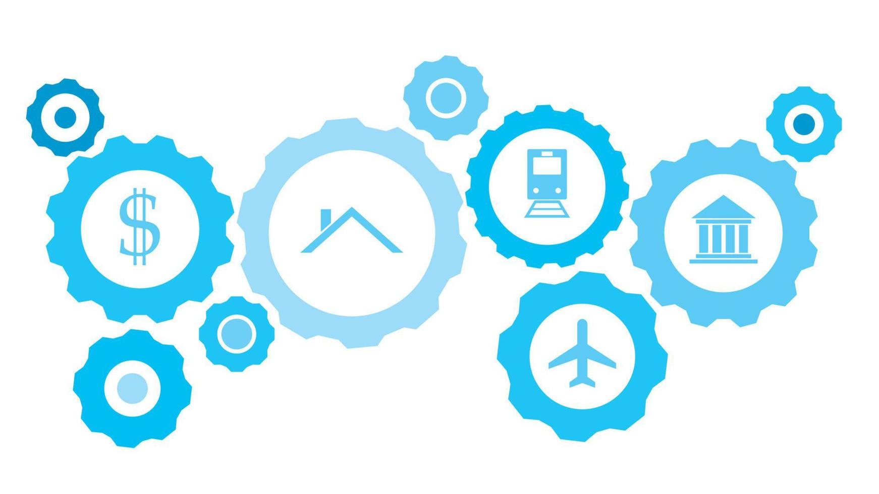 Museum gear blue icon set. Abstract background with connected gears and icons for logistic, service, shipping, distribution, transport, market, communicate concepts vector