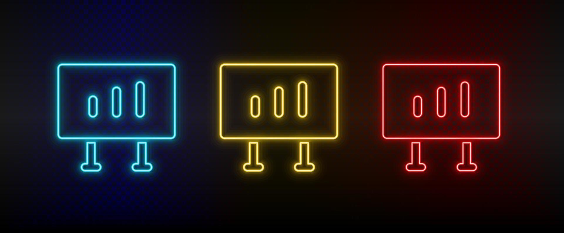 Neon icon set analytics, diagram board. Set of red, blue, yellow neon vector icon on dark transparent background