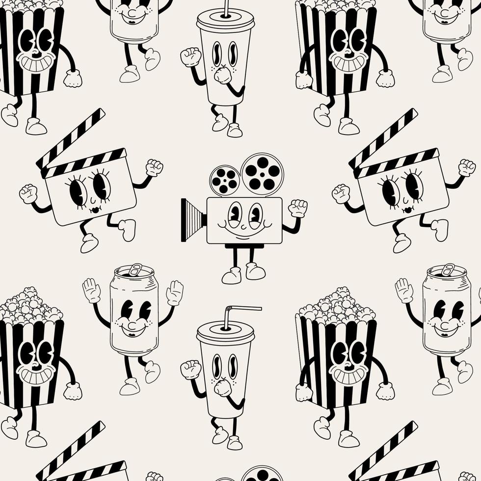 Hand drawn seamless pattern with Cartoon cinema characters. Funny popcorn, Soda can, video camera, clapperboard. Cinematography entertainment vector