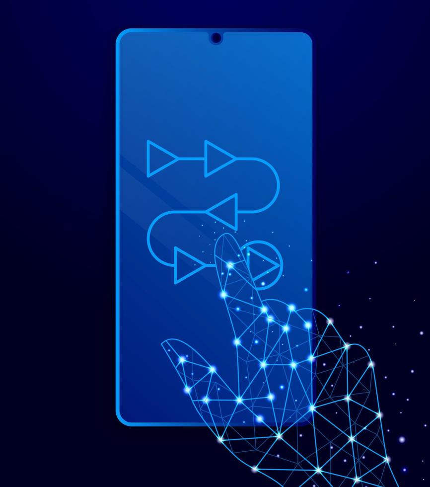 Procedure, process, production, timeline, video neon icon. Blue neon vector icon. Smoke effect blue background