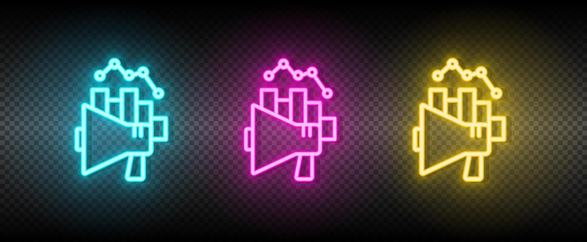 Analytics, chart, marketing megaphone neon icon set. Media marketing vector illustration neon blue, yellow, red icon set