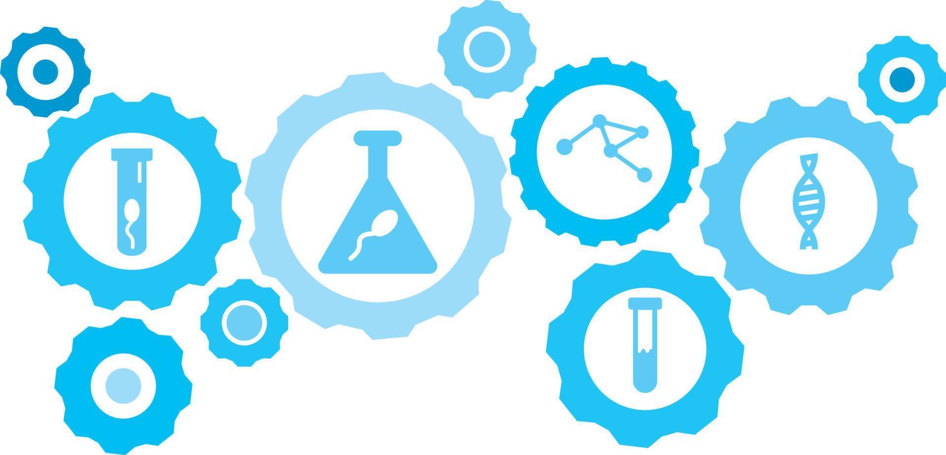Connected gears and vector icons for logistic, service, shipping, distribution, transport, market, communicate concepts. Dna gear blue icon set .