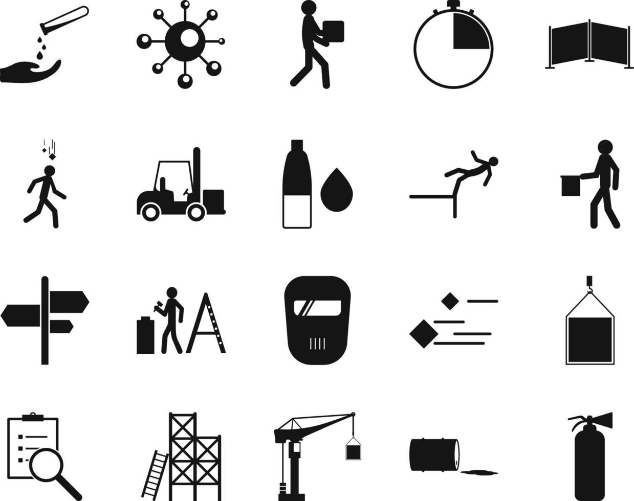 HSE concept, occupational safety and health burn, extinguisher, production factory and environment, labor preventive instructions, worker protection vector icon set on white background