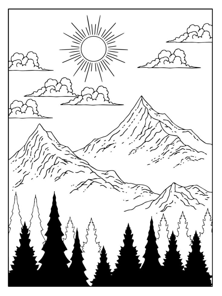 mano dibujado contorno Arte paisaje montaña diseño vector