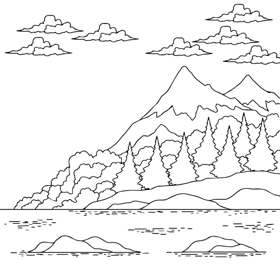 Hand drawn coloring page landscape mountain outline 21555620 Vector Art ...