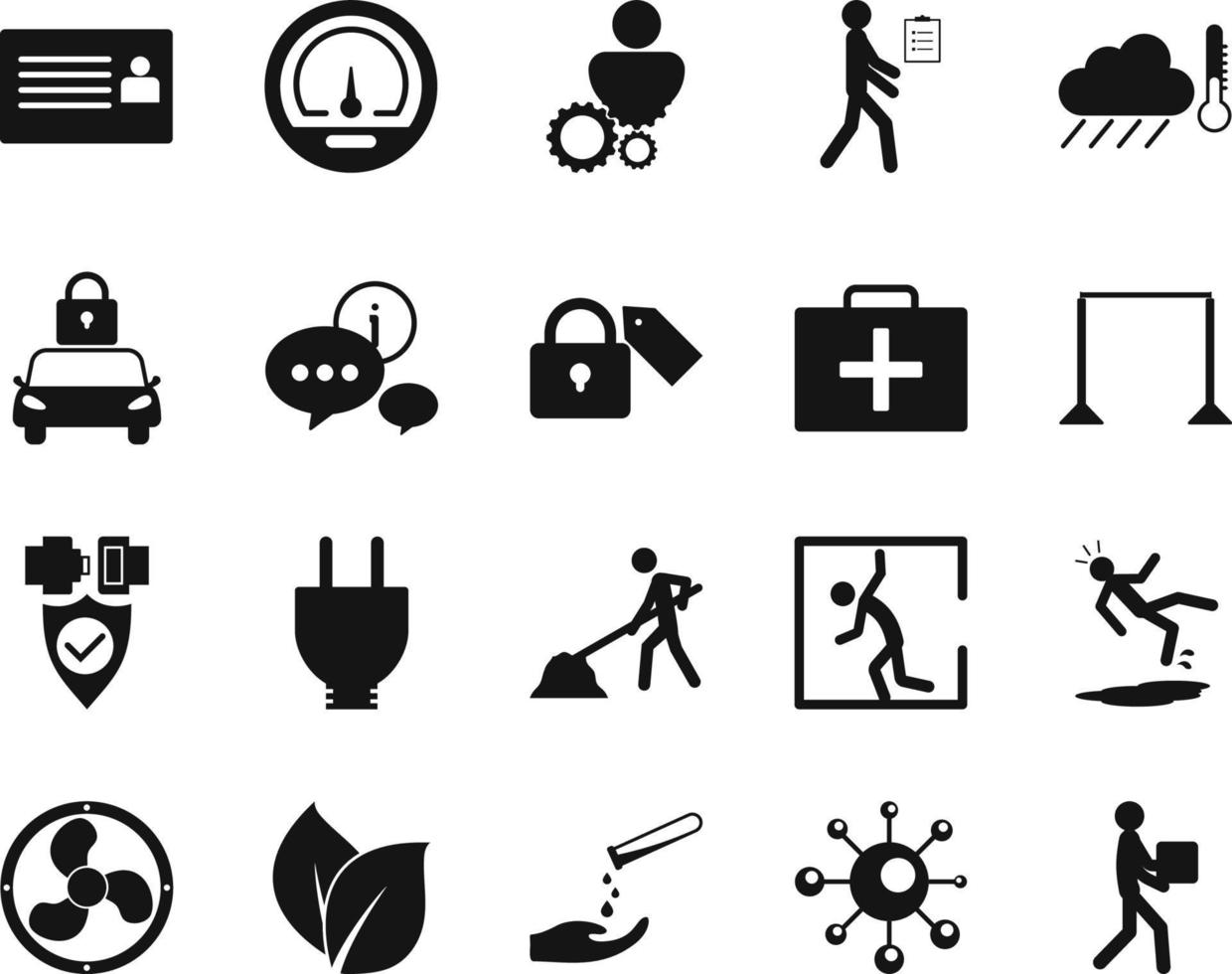 HSE concept, occupational safety and health Human, move box, production factory and environment, labor preventive instructions, worker protection vector icon set on white background