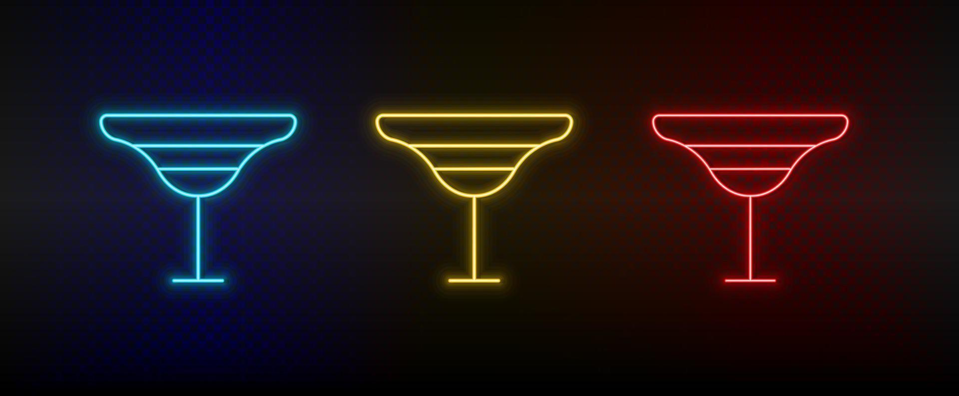 Neon icon set alcohol, cocktail, drink. Set of red, blue, yellow neon vector icon on dark background