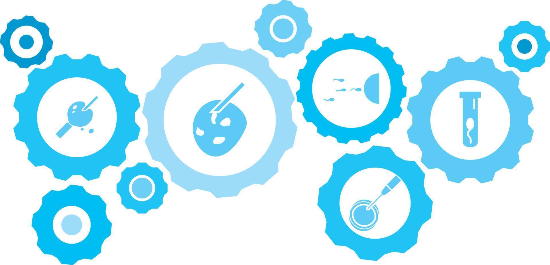 Connected gears and vector icons for logistic, service, shipping, distribution, transport, market, communicate concepts. Artificial insemination gear blue icon set .