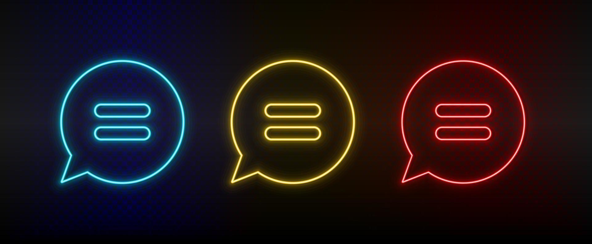 Neon icon set chat, chat bubble. Set of red, blue, yellow neon vector icon on dark transparent background