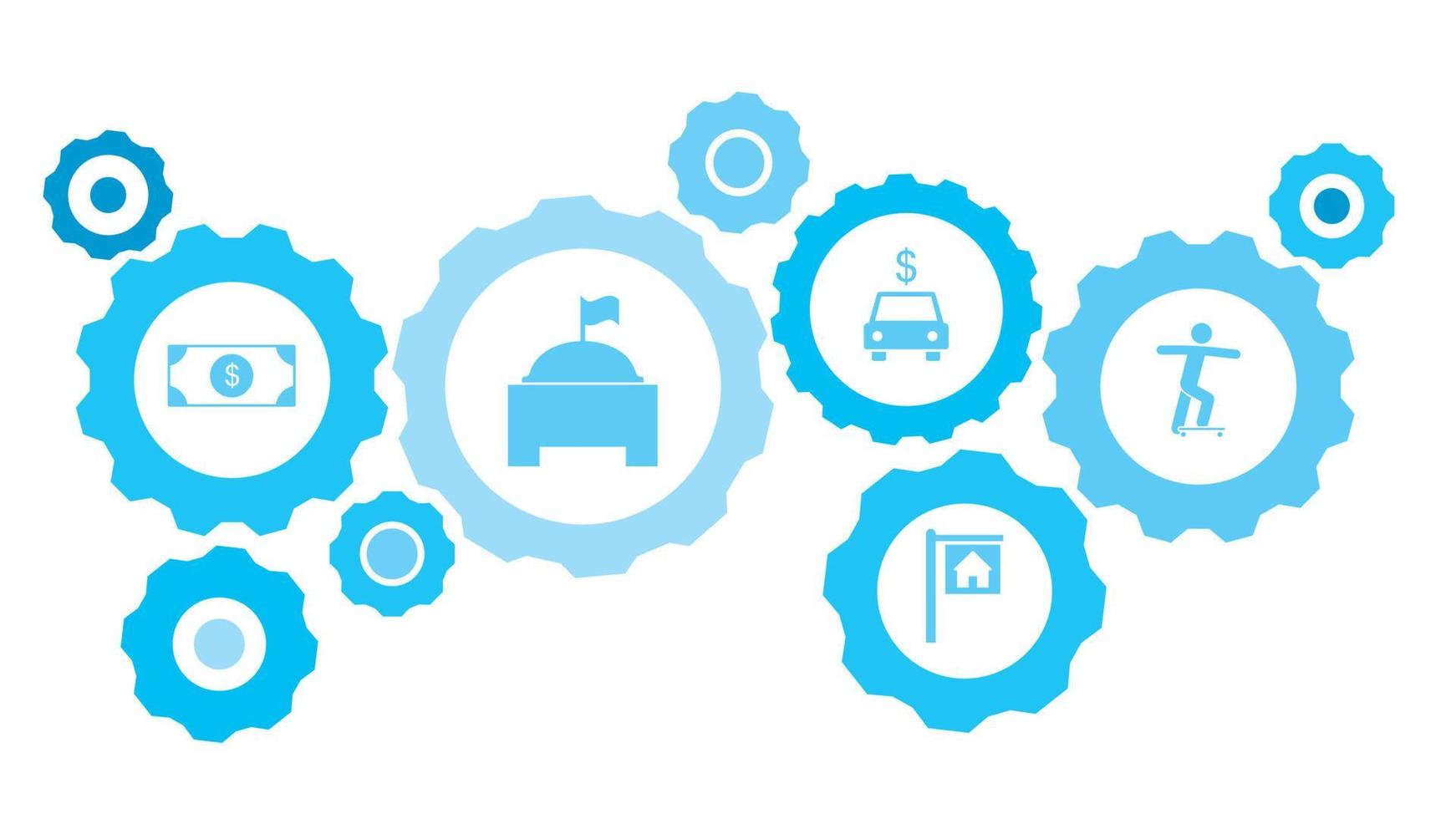 Skateboard gear blue icon set. Abstract background with connected gears and icons for logistic, service, shipping, distribution, transport, market, communicate concepts vector