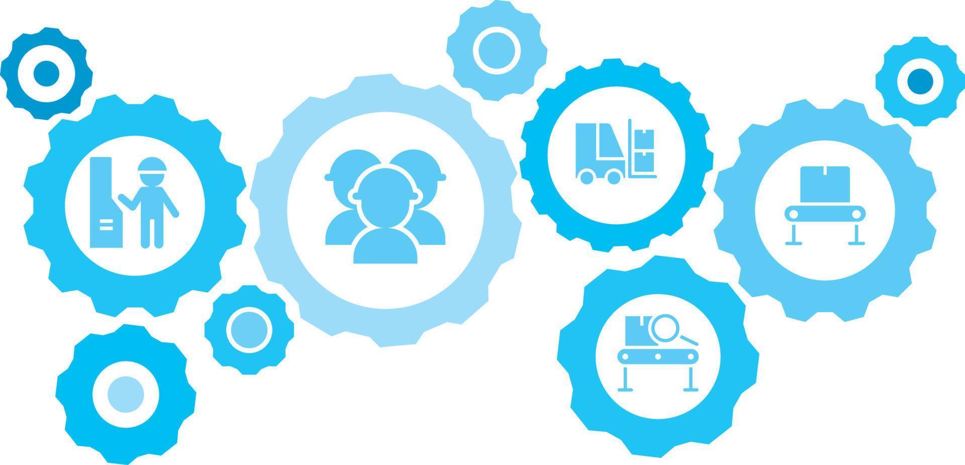 Connected gears and vector icons for logistic, service, shipping, distribution, transport, market, communicate concepts. Mass, production, conveyor gear blue icon set on white background