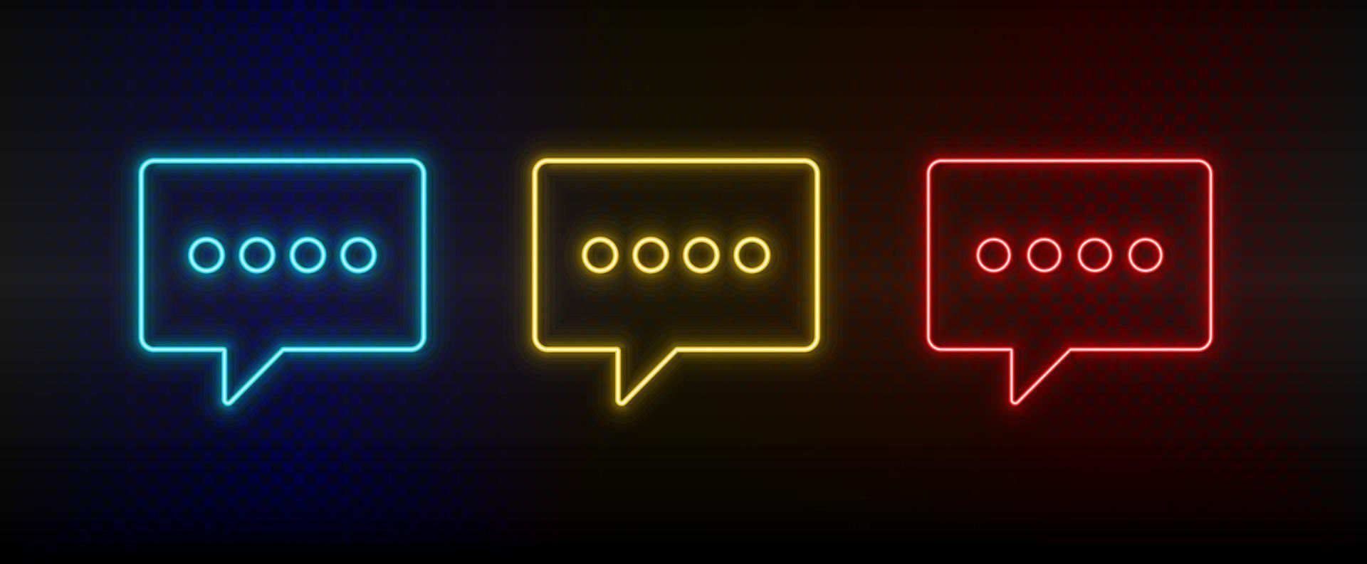 Neon icon set chat, chat bubble. Set of red, blue, yellow neon vector icon on dark transparent background