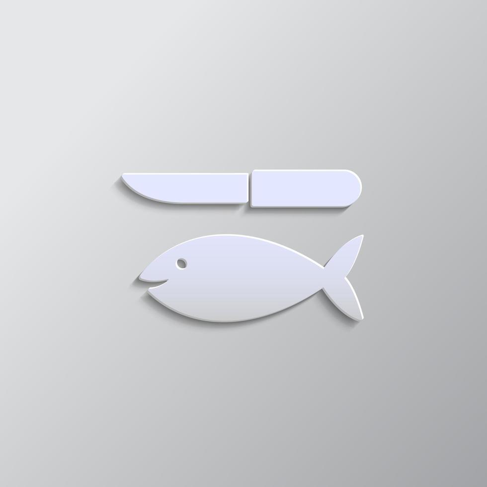 Fish and a knife paper style, icon. Grey color vector background- Paper style vector icon.