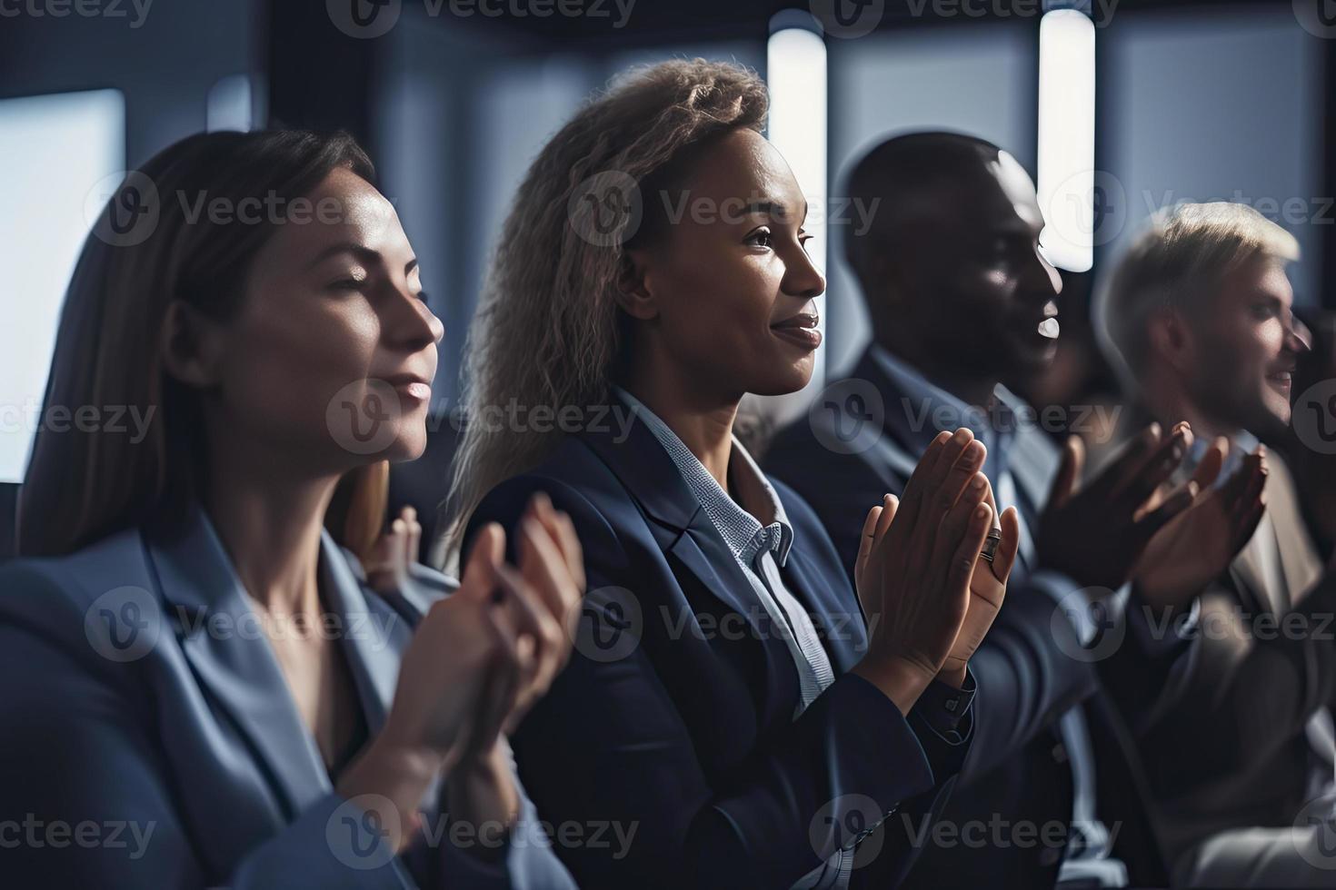 recortado Disparo de un irreconocible diverso grupo de gente de negocios aplaudiendo mientras sentado foto