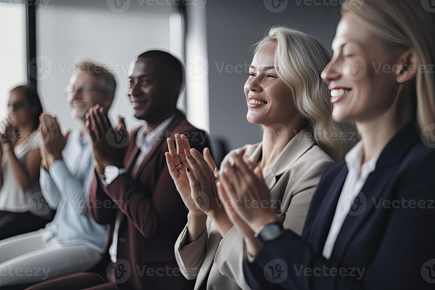 Cropped shot of an unrecognizable diverse group of businesspeople applauding while sitting photo