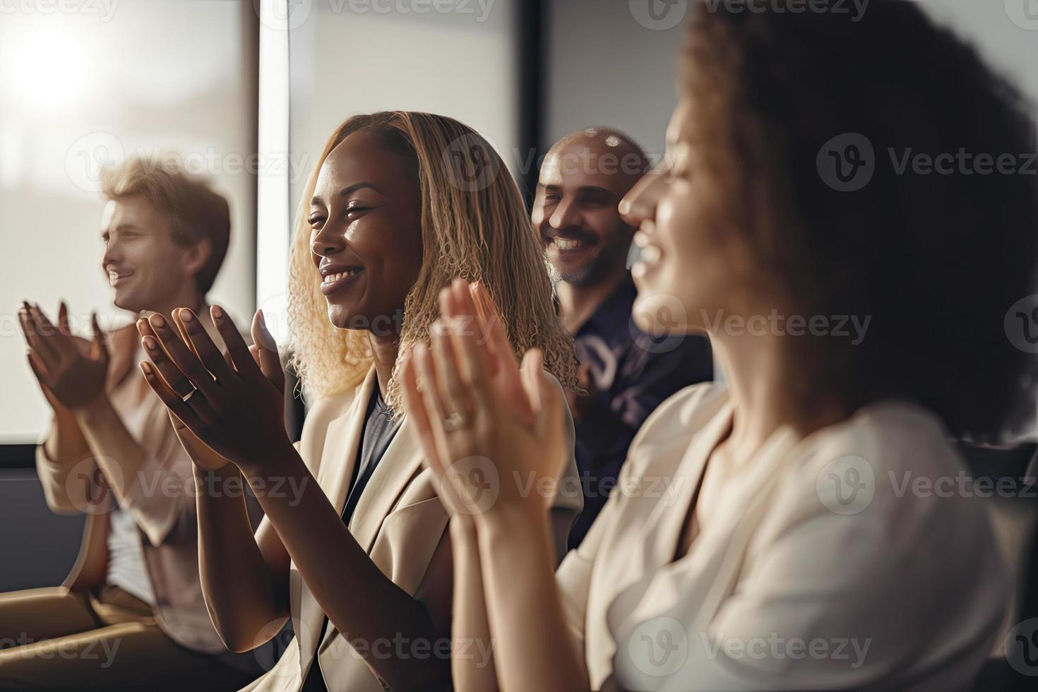 Cropped shot of an unrecognizable diverse group of businesspeople applauding while sitting photo
