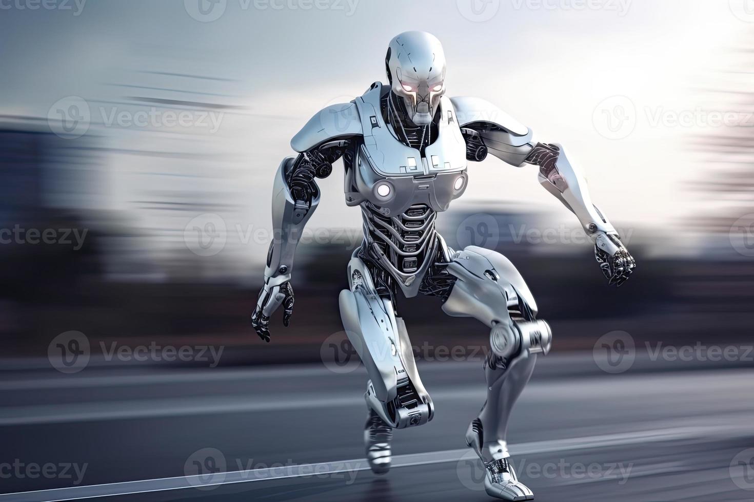 Cyborg running fast, artificial intelligence robot, future technology, humanoid machine photo