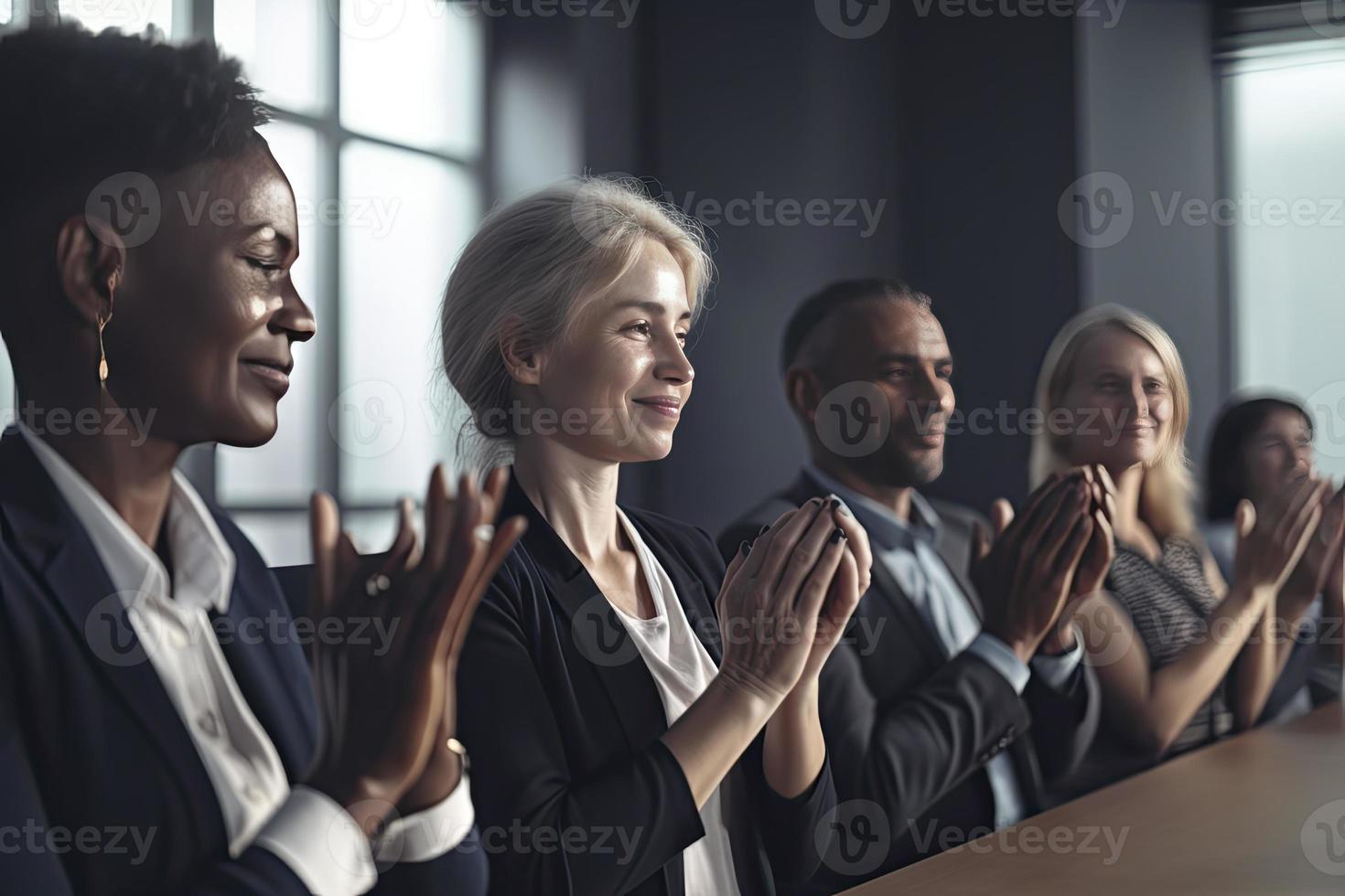 recortado Disparo de un irreconocible diverso grupo de gente de negocios aplaudiendo mientras sentado foto