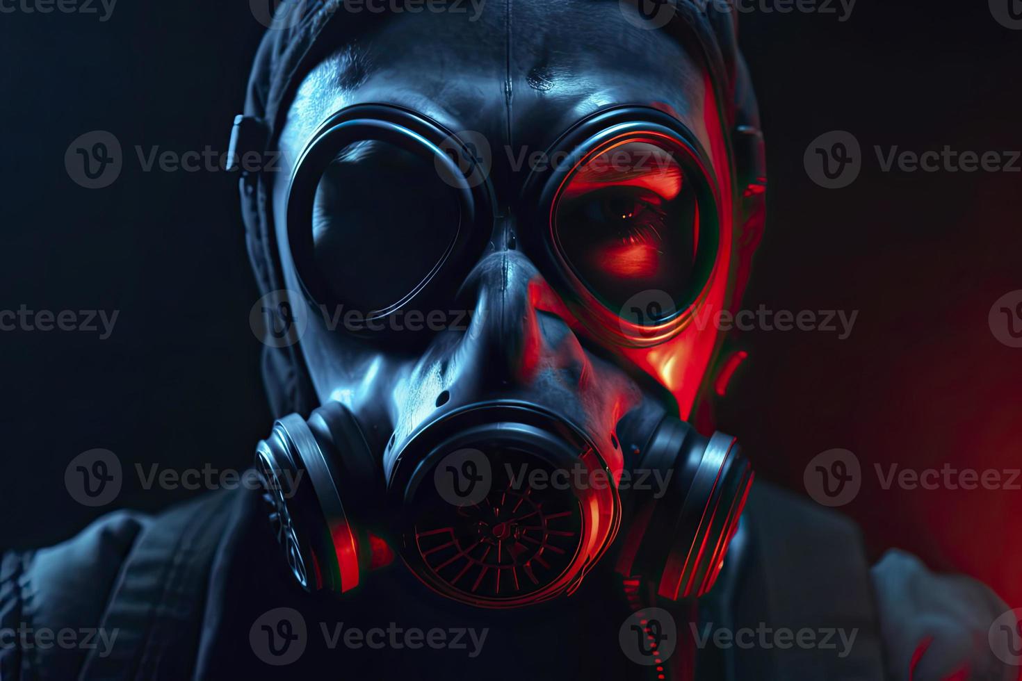 blue and red illuminated person with a gas mask photo