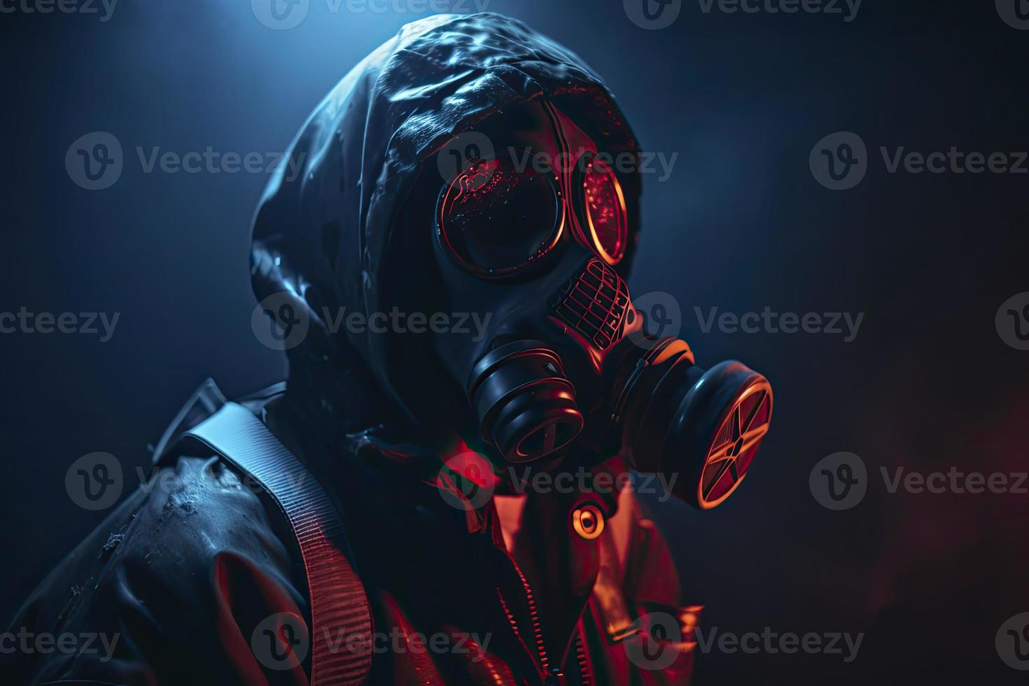 blue and red illuminated person with a gas mask photo